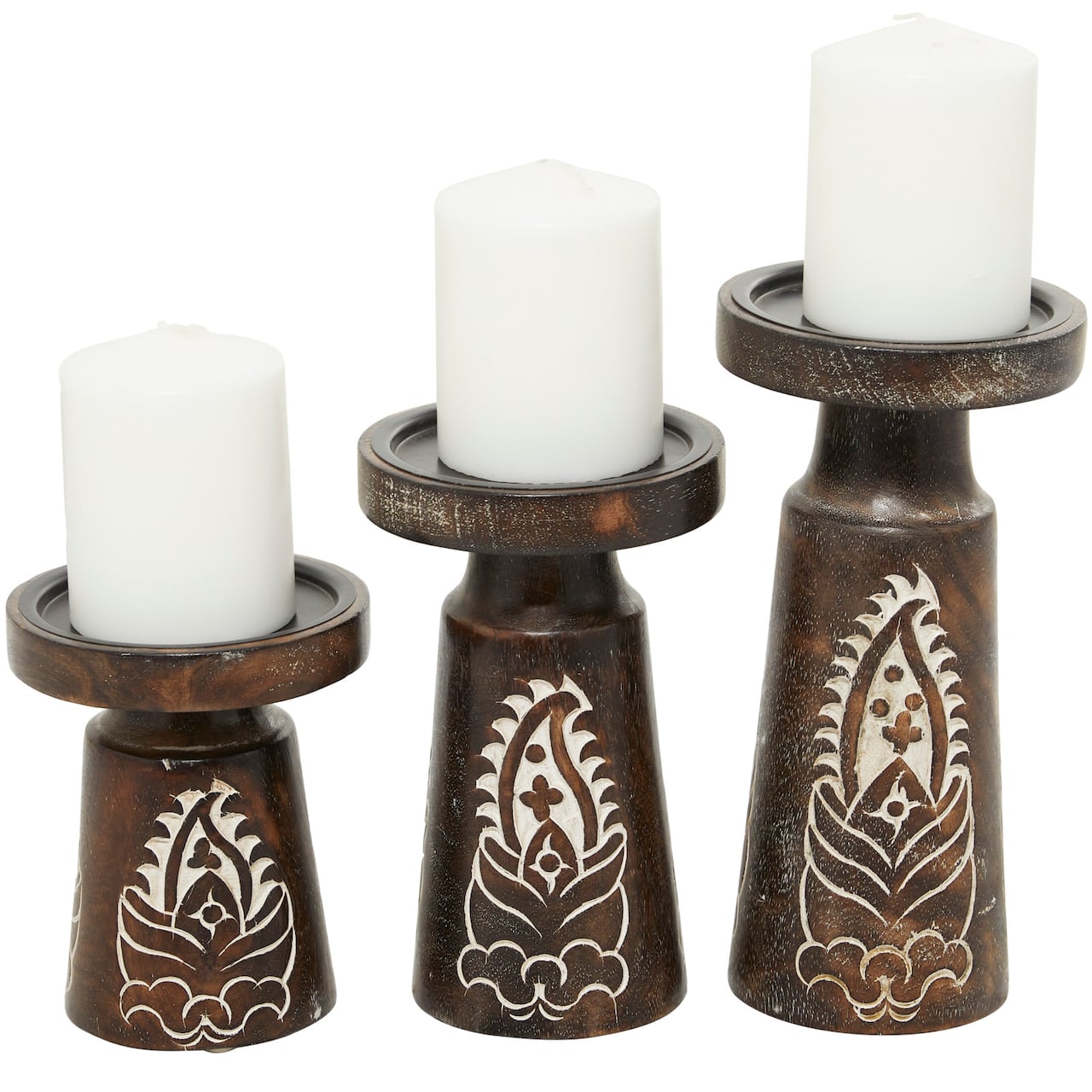 Mango Wood Round Carved Pillar Floral Candle Holder Set